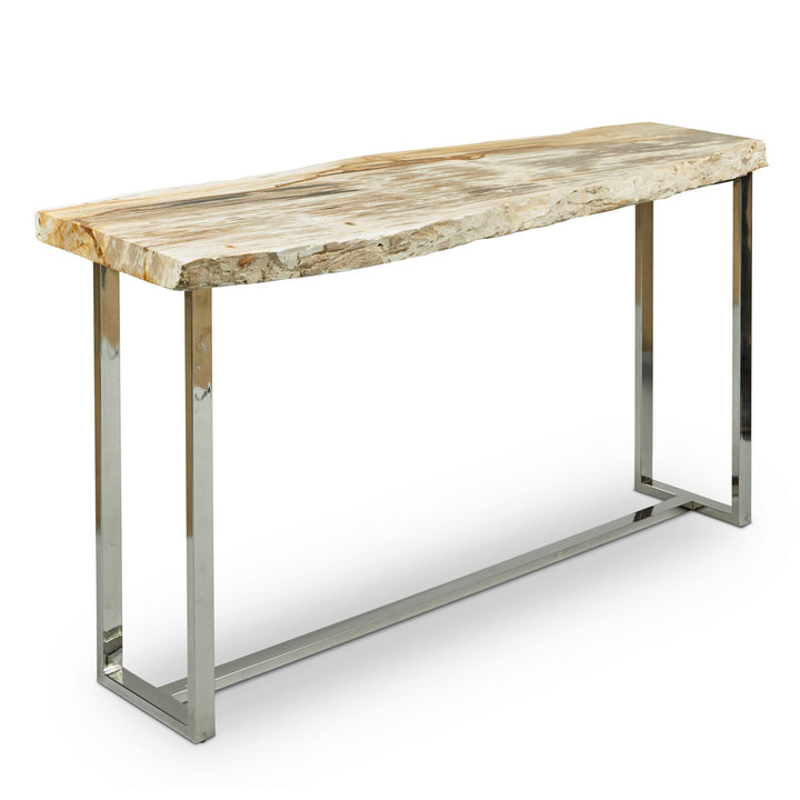 PETRIFIED WOOD TOP POLISHED STAINLESS STEEL CONSOLE TABLE