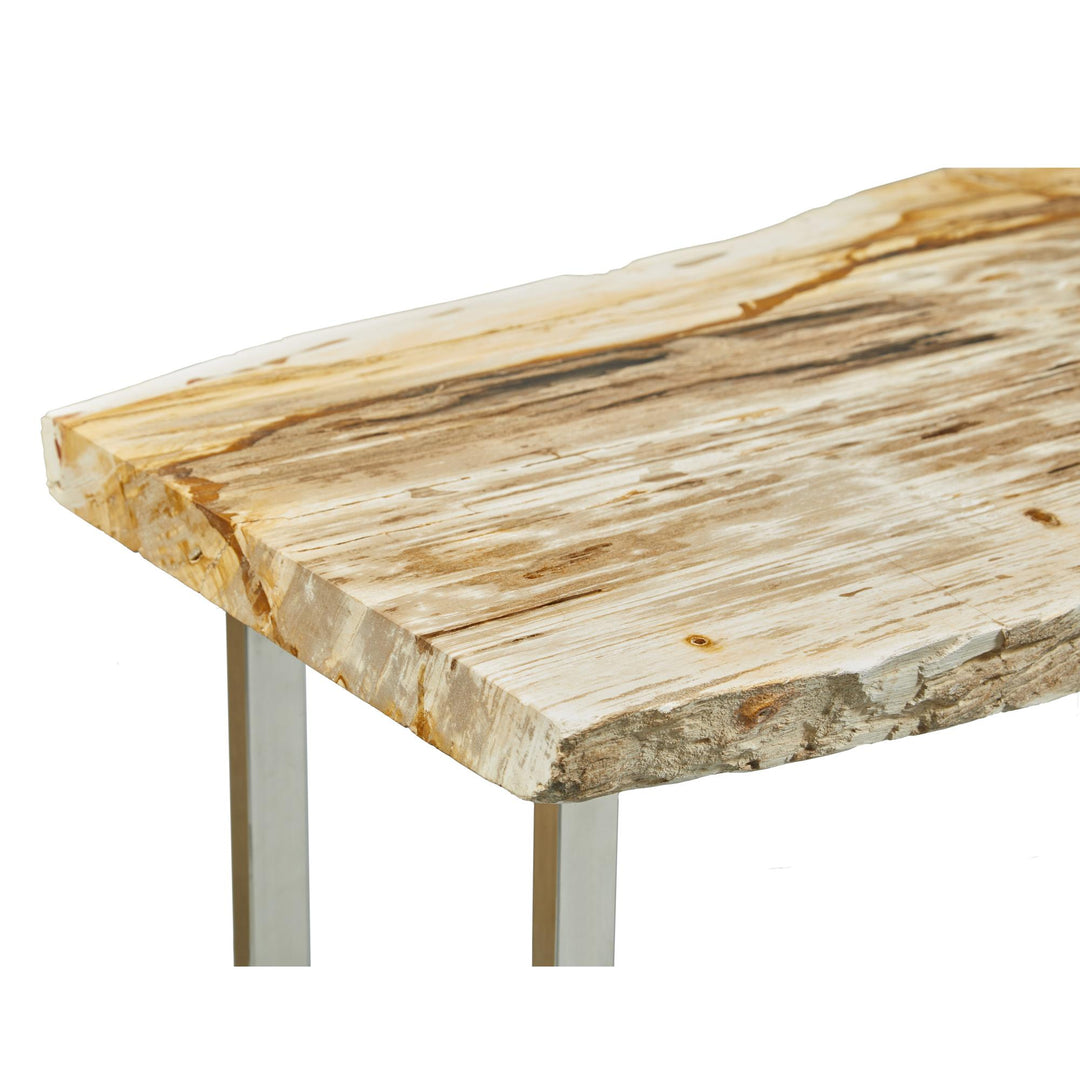 PETRIFIED WOOD TOP POLISHED STAINLESS STEEL CONSOLE TABLE