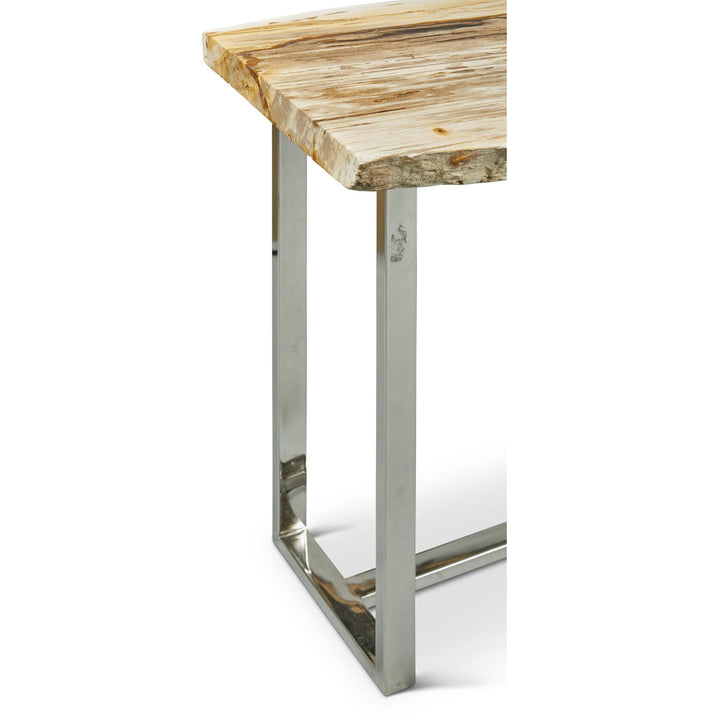 PETRIFIED WOOD TOP POLISHED STAINLESS STEEL CONSOLE TABLE