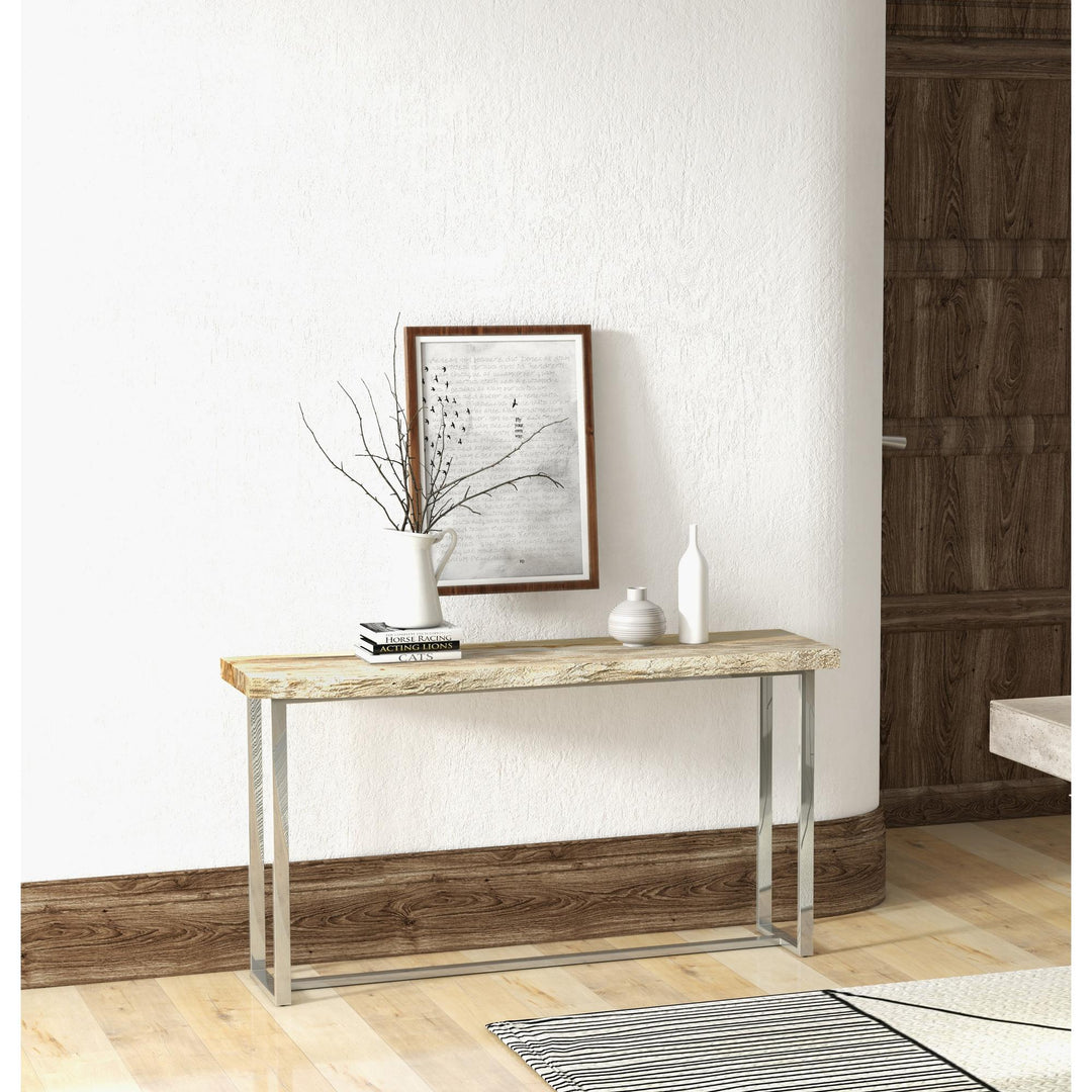 PETRIFIED WOOD TOP POLISHED STAINLESS STEEL CONSOLE TABLE