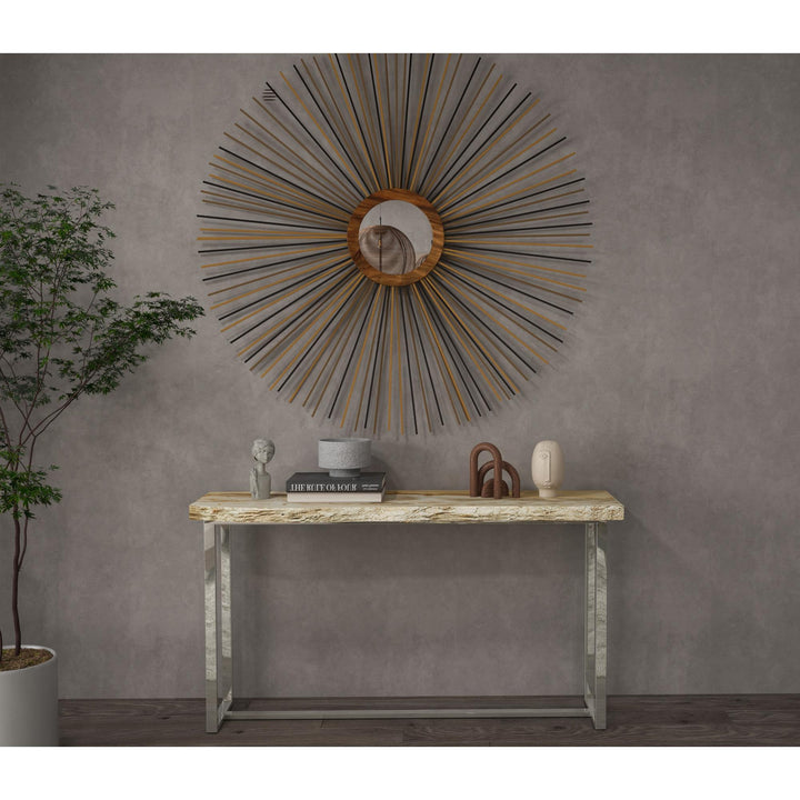 PETRIFIED WOOD TOP POLISHED STAINLESS STEEL CONSOLE TABLE