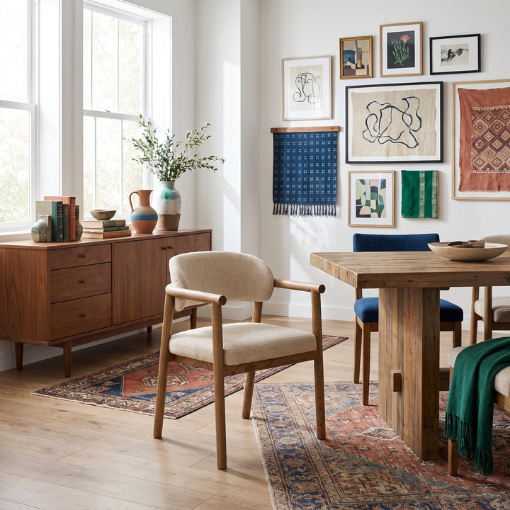 A styled dining room interior featuring a mid-century modern wooden sideboard, a matching wooden dining table, and a light beige upholstered armchair. The room is decorated with framed art, a blue patterned textile, and patterned rugs on a light wood floor.
