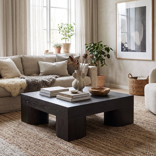 Modern minimalist living room featuring a dark wood coffee table, neutral sofa, textured rug, and soft natural lighting.