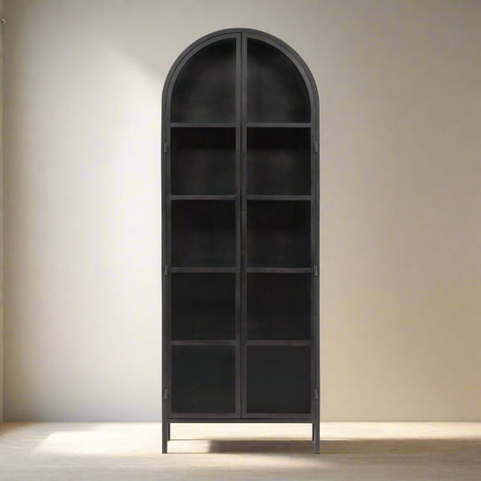 Black arched bookshelf on a white background