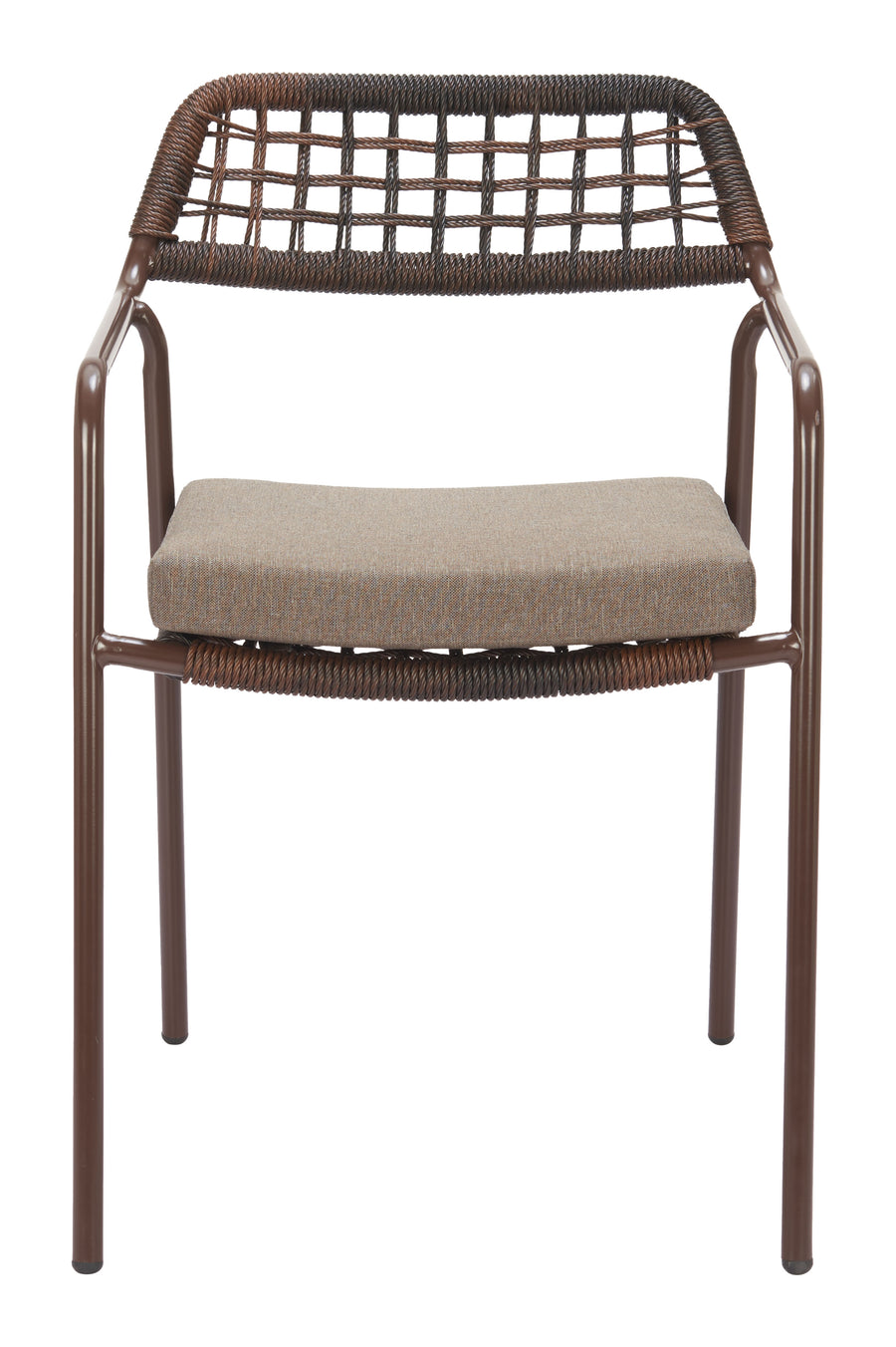Brown wicker chair with a cushion on a white background