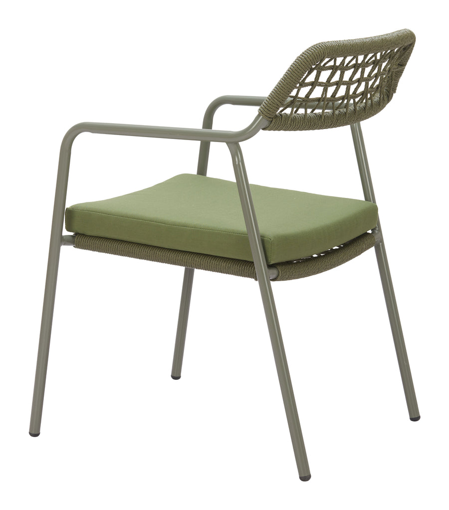 Chair with green cushion and woven backrest on a white background