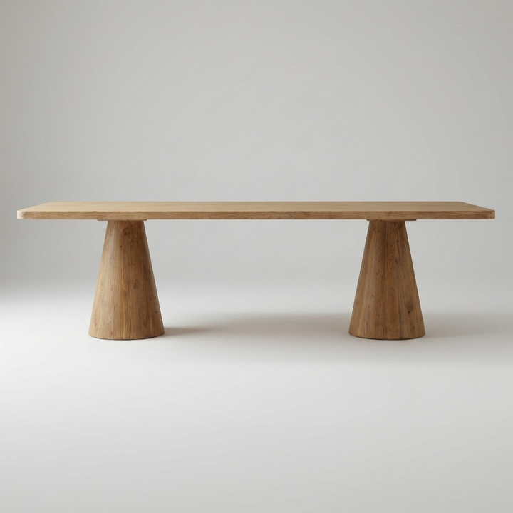 A minimalist wooden dining table with a rectangular light oak top and two tapered cone-shaped wooden legs, shown against a neutral light gray studio background.