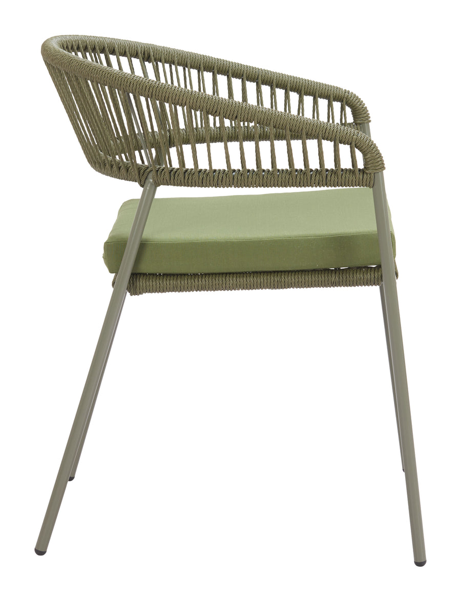 Green wicker chair with a cushion on a white background
