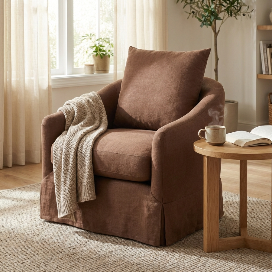 LARA PERFORMANCE LINEN SLIPCOVER SWIVEL CHAIR