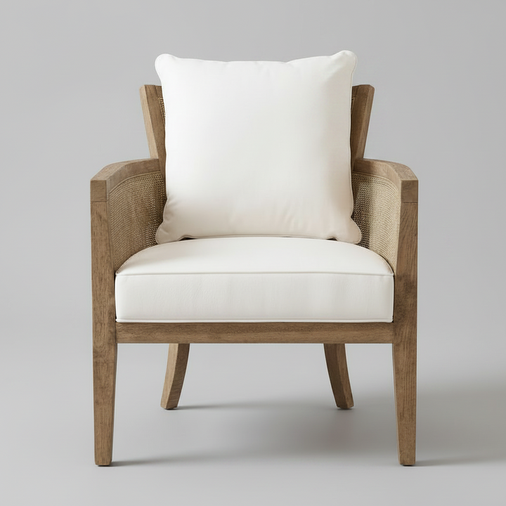 Wooden armchair with white cushion on a beige background