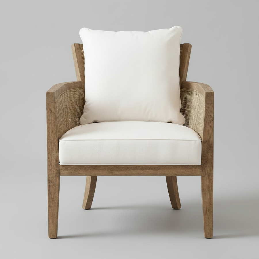 Wooden armchair with white cushion on a beige background