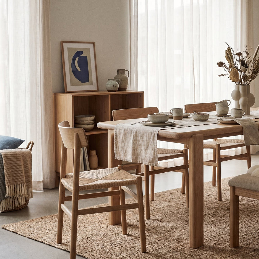 Modern minimalist dining room featuring a light oak table, woven chairs, a bench, and neutral decor in a bright, airy space.