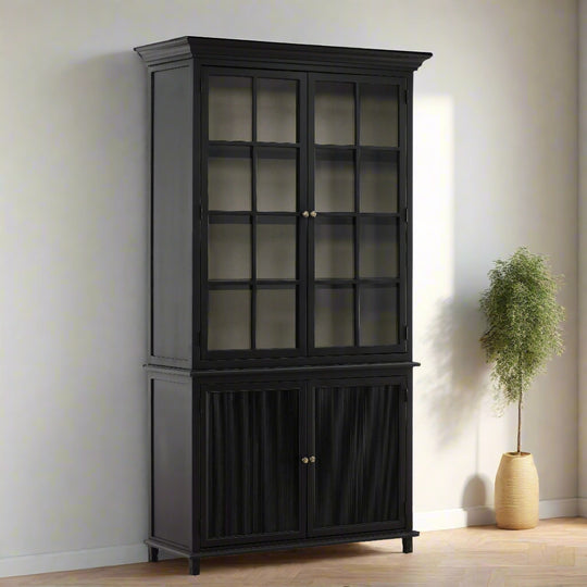 Black display cabinet with glass doors on a white background