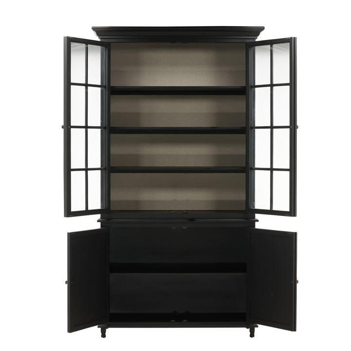 Black cabinet with glass doors on a white background