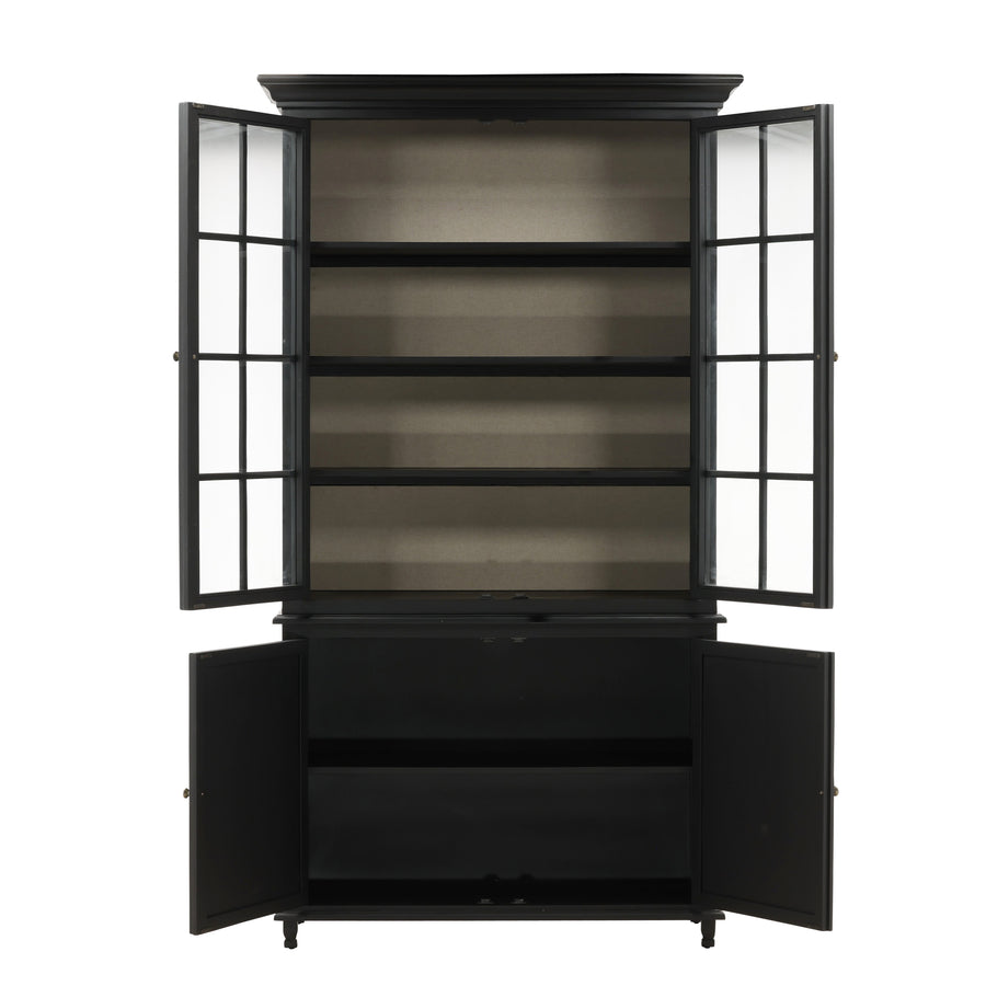 Black cabinet with glass doors on a white background