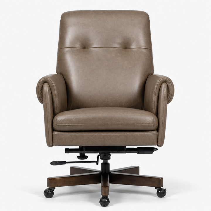 A brown leather swivel office chair with a high back, button tufting on the backrest, rolled armrests, and a dark wood five-star base with casters.