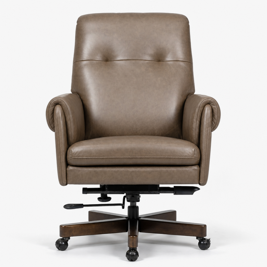 A brown leather swivel office chair with a high back, button tufting on the backrest, rolled armrests, and a dark wood five-star base with casters.
