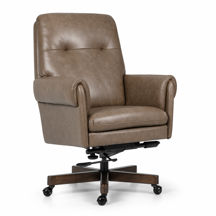 A brown leather swivel recliner office chair with a five-star wooden base and black caster wheels, shown on a white background.