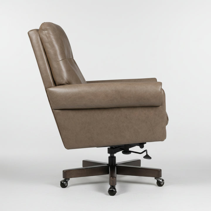 A brown leather office chair with a high back, padded armrests, and a dark five-star wheeled base, shown from a side angle against a light gray background.
