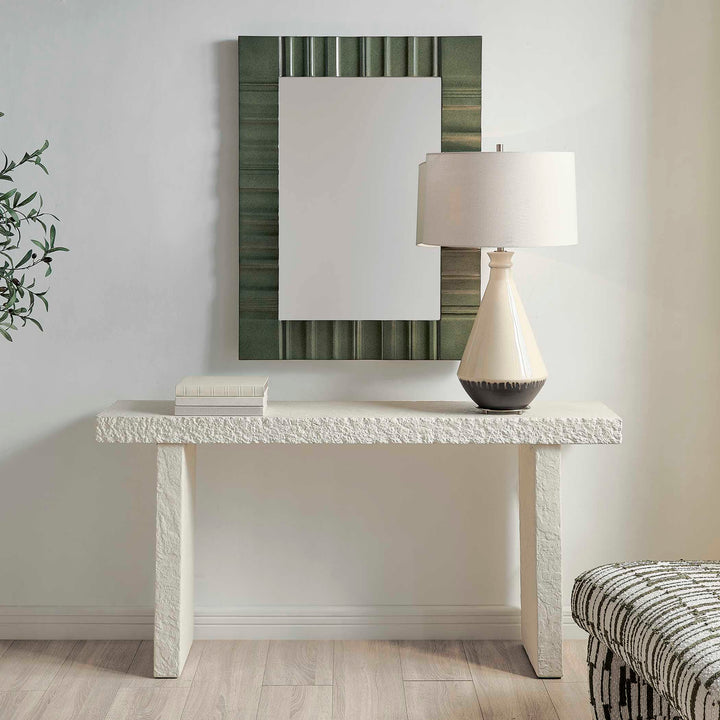 White textured console table isolated, unadorned surface