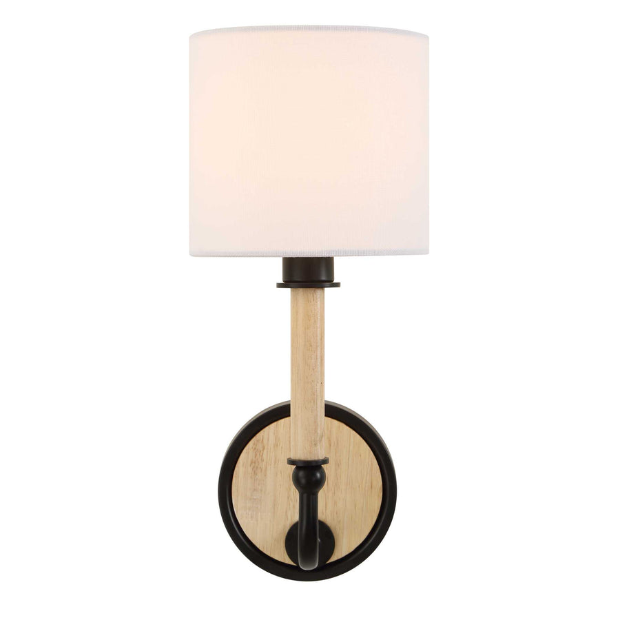 Wall-mounted lamp with white shade, wooden arm, and black metal base