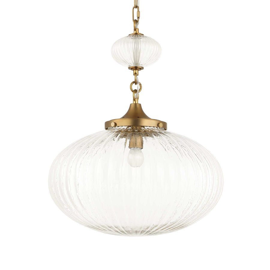 Decorative pendant light with glass shade and brass fixture on a white background