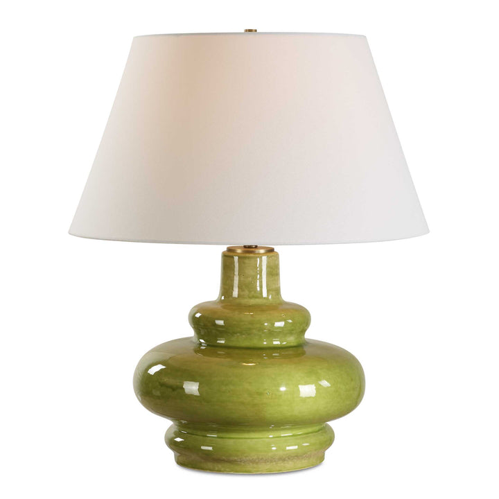 Green ceramic table lamp with a white lampshade on a white background