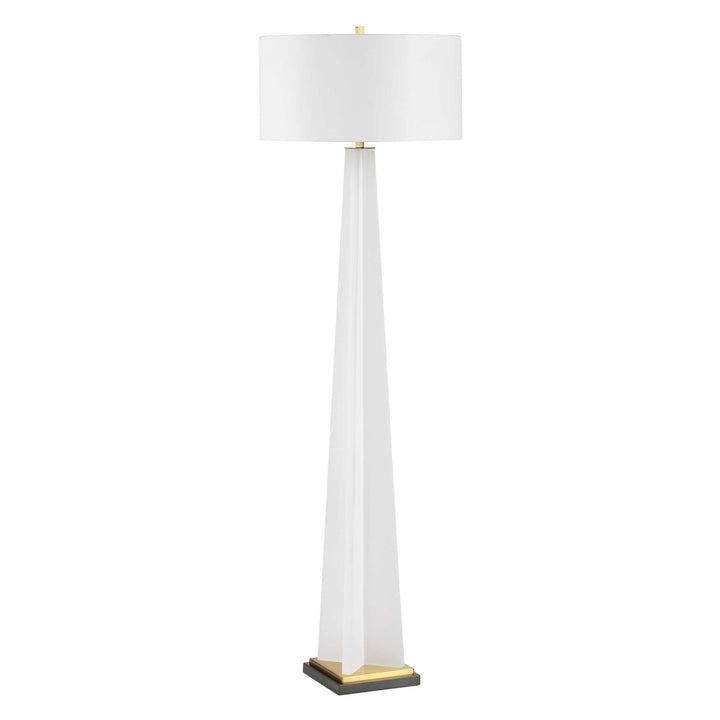 White floor lamp with a white shade on a white background