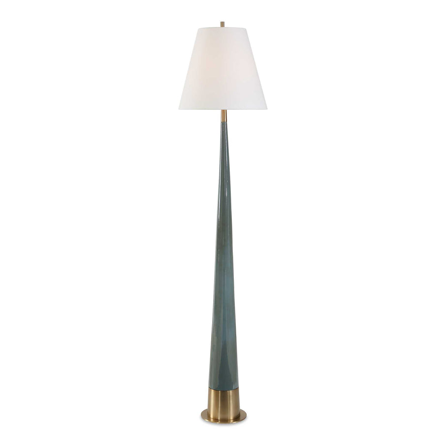 floor lamp with a slender blue ceramic base and white shade