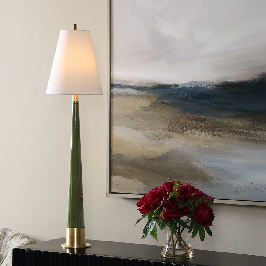 Green ceramic lamp with white linen shade, gold details