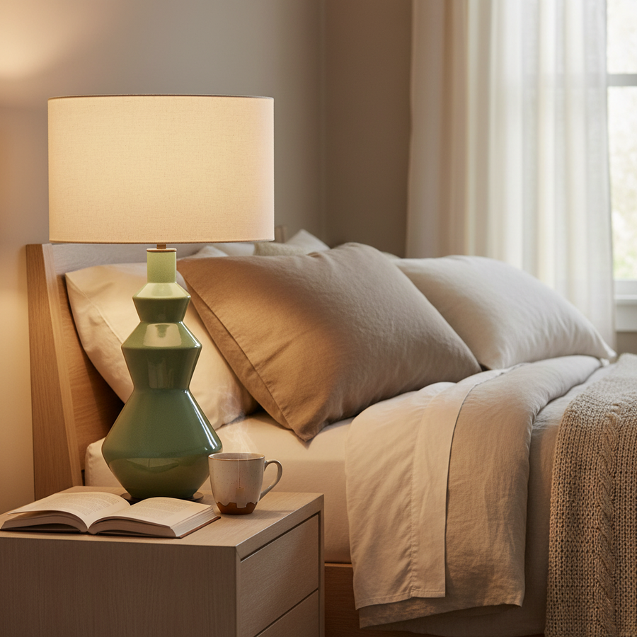 Bedroom scene with a lamp, mug, and book on a nightstand next to a bed.
