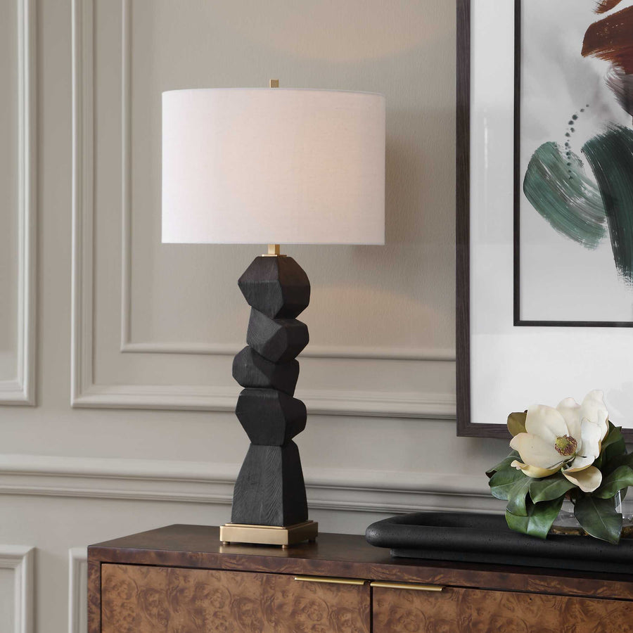 Decorative lamp with geometric wooden base