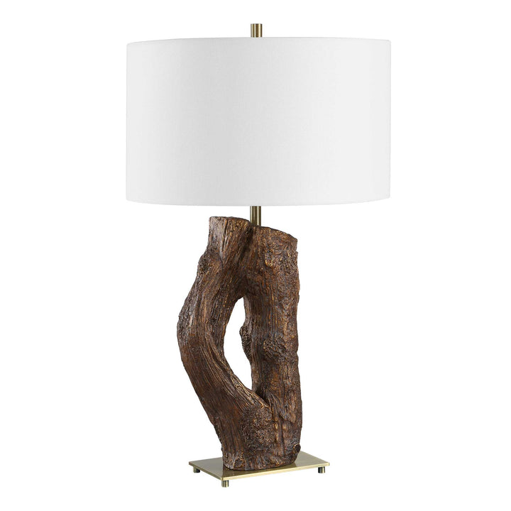 Table lamp with wooden base and white shade