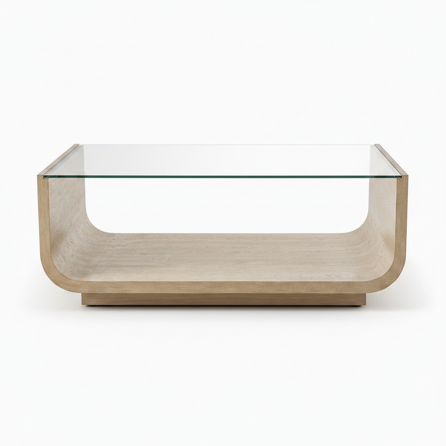 A modern coffee table with a light beige wood frame and a clear glass top, shown on a clean white background.
