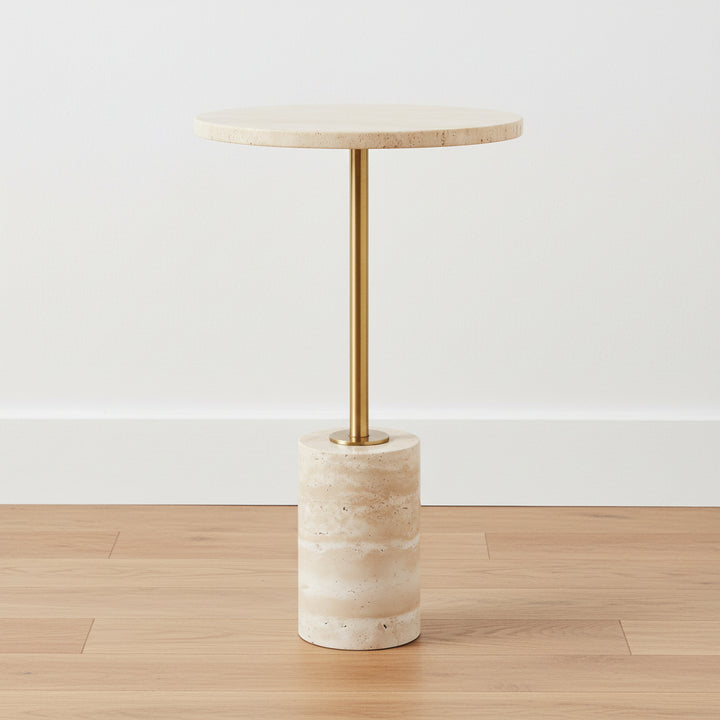 Travertine accent table with brass metal stem