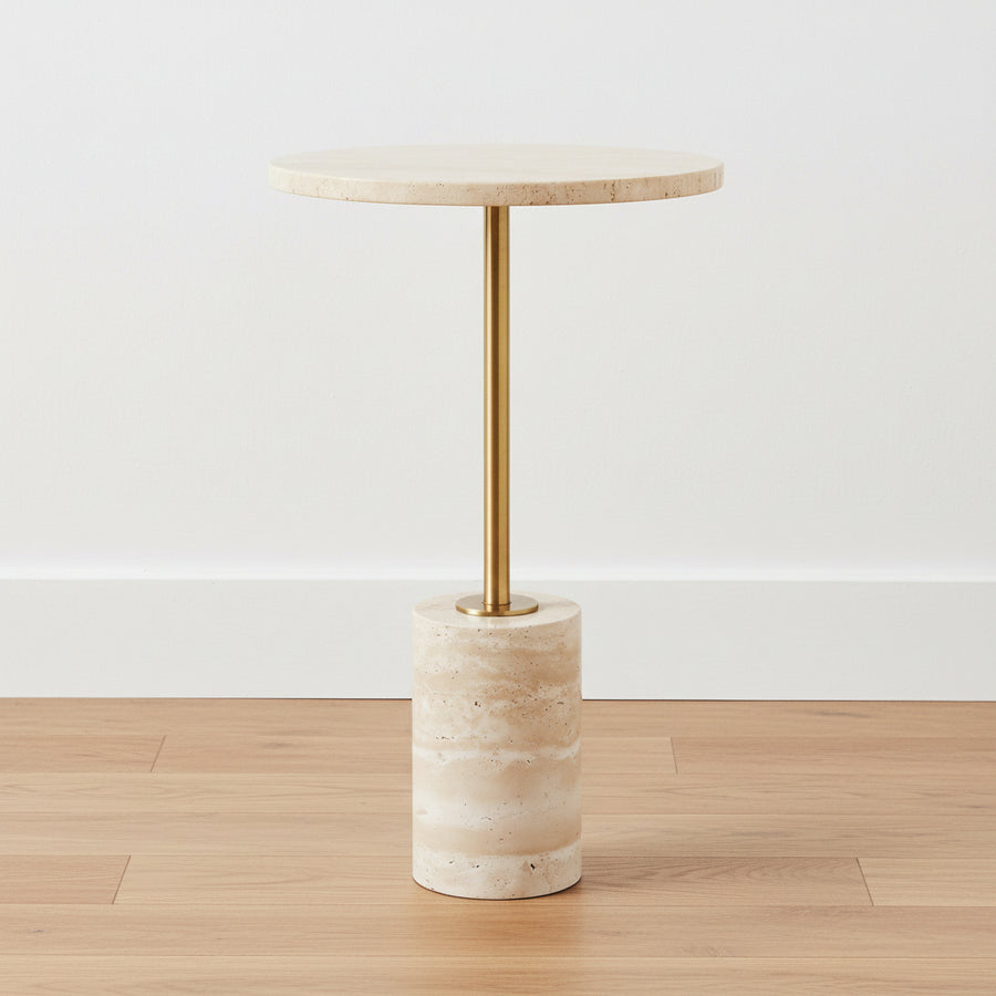 Travertine accent table with brass metal stem