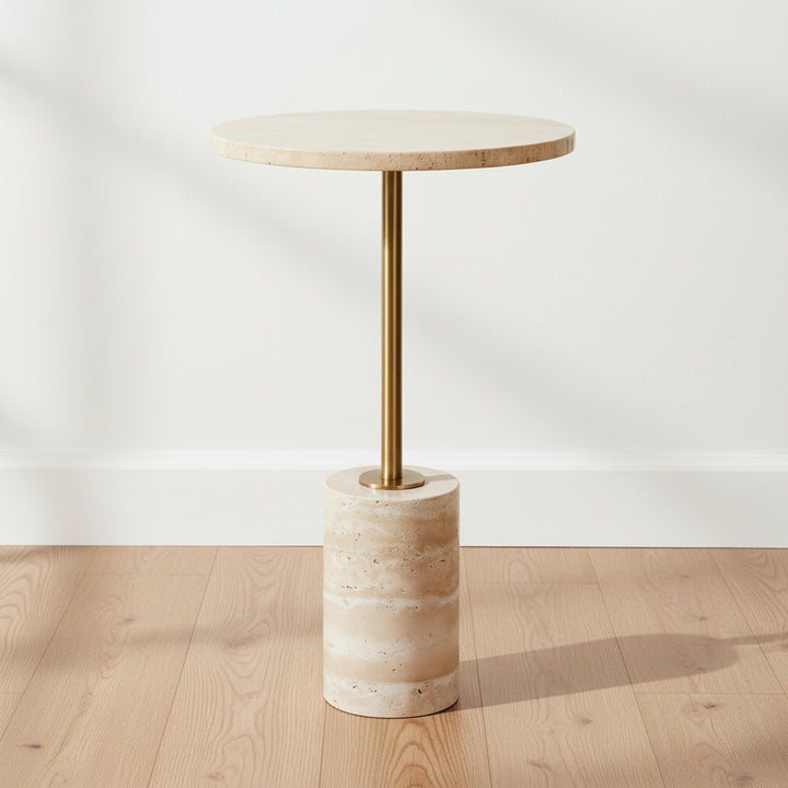 modern side table, round travertine tabletop, brass central pole, cylindrical travertine base