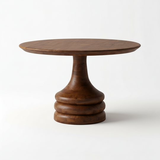 A round wooden pedestal table with a rich medium-to-dark brown finish, featuring a smooth circular tabletop and a sculptural tiered base, photographed on a seamless white studio background.