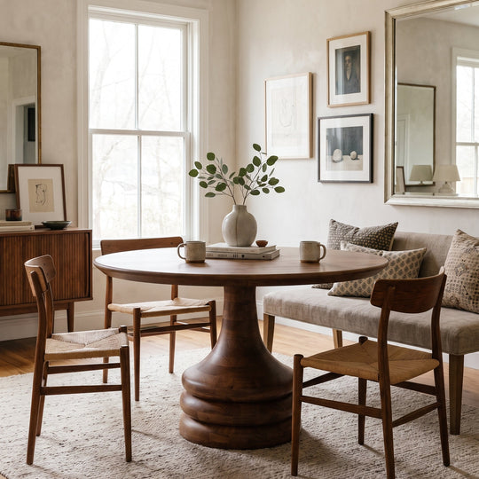 A round wooden pedestal dining table in a warm brown finish, styled in a bright, modern dining room with matching wooden chairs, a beige upholstered bench, and framed wall art.