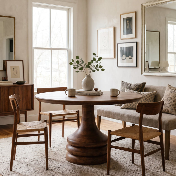 A round wooden pedestal dining table in a warm brown finish, styled in a bright, modern dining room with matching wooden chairs, a beige upholstered bench, and framed wall art.
