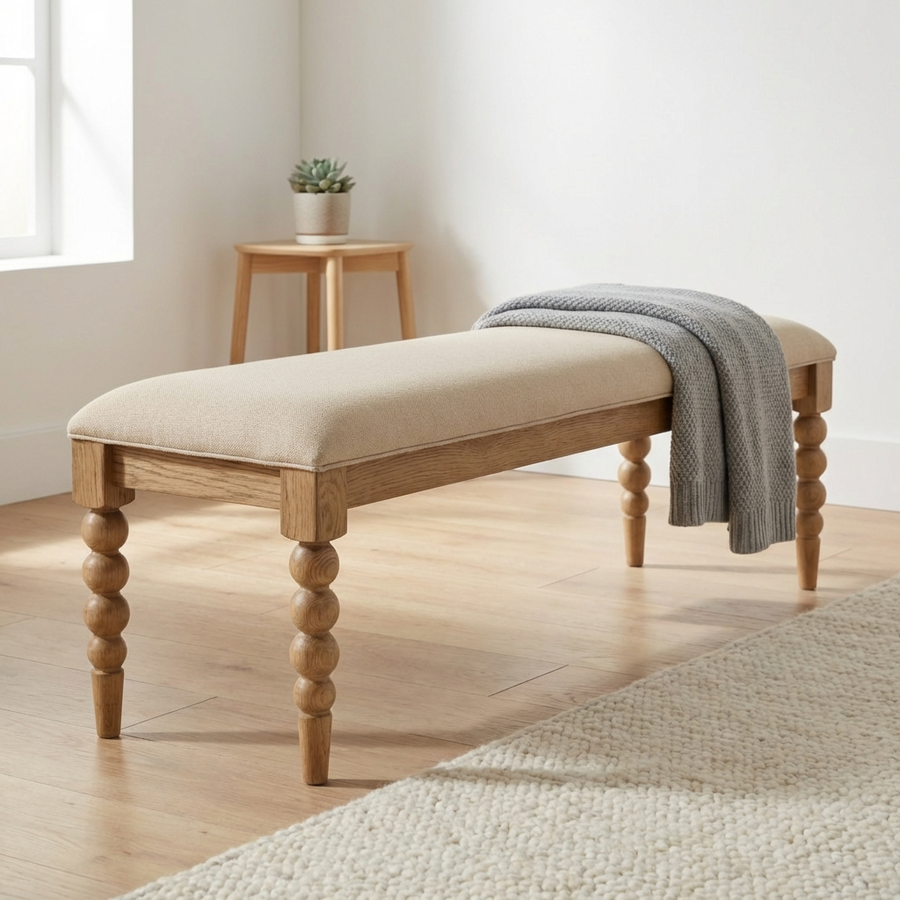 Wooden bench with beige cushion