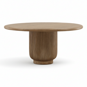 Round wooden table with a textured cylindrical base on a white background