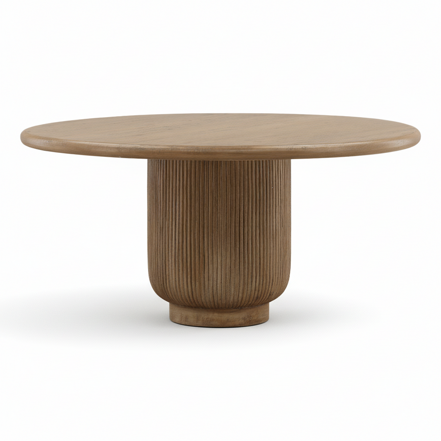 Round wooden table with a textured cylindrical base on a white background