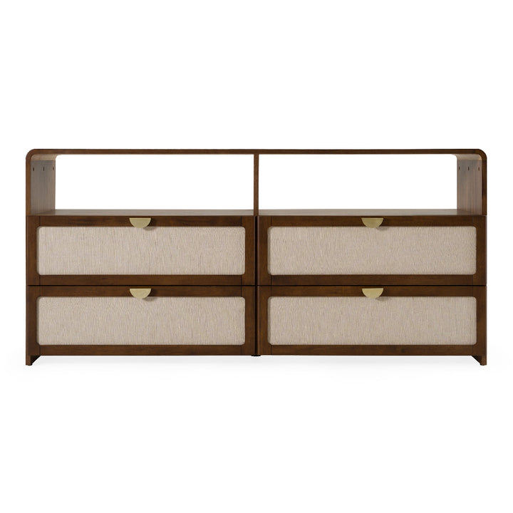 wooden dresser, dark walnut finish, four fabric-front drawers with beige upholstery and brass half-moon handles, open shelving compartment above