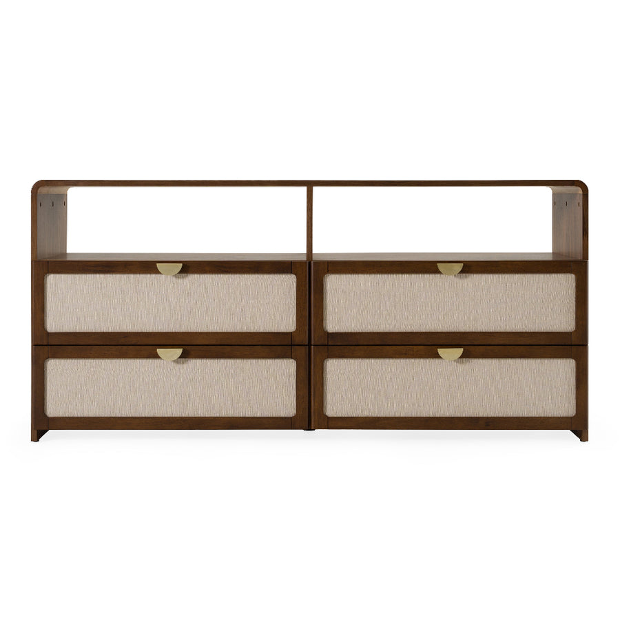 wooden dresser, dark walnut finish, four fabric-front drawers with beige upholstery and brass half-moon handles, open shelving compartment above