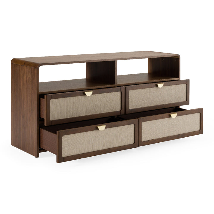 wooden dresser, walnut finish, four fabric-front drawers with beige upholstery and brass half-moon handles, open shelving compartment above