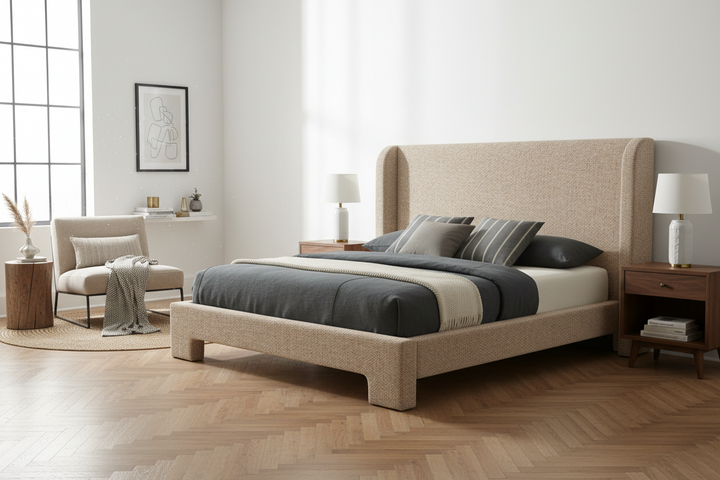 A modern upholstered bed with a tall beige fabric headboard and matching footboard, styled in a bright minimalist bedroom with gray and cream bedding, wooden nightstands, and a window.