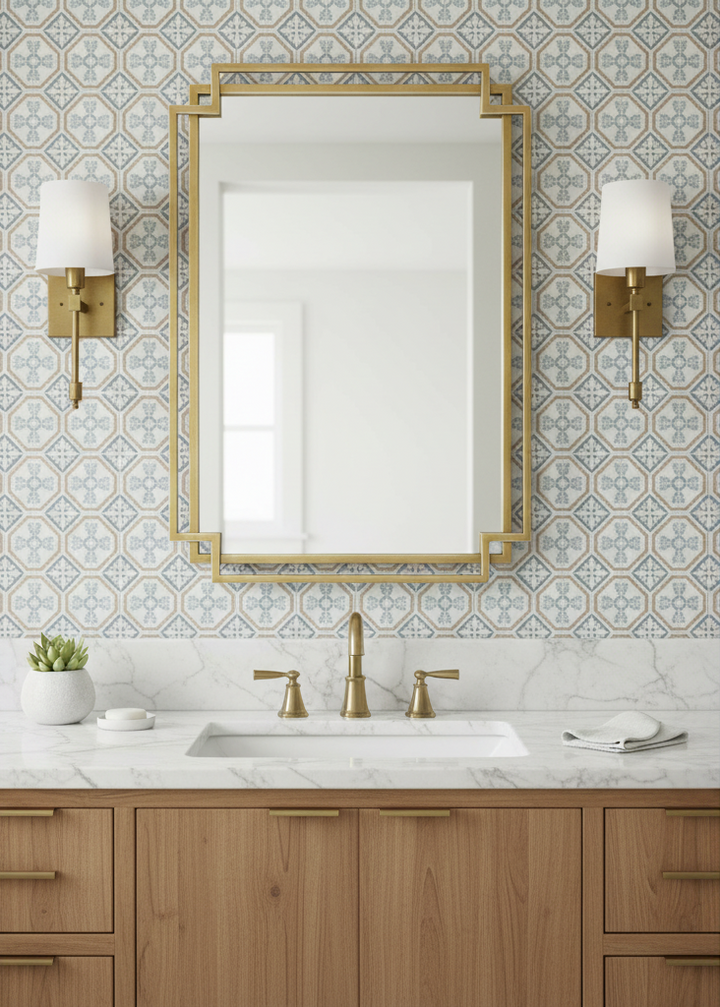 A rectangular wall mirror with a gold geometric frame is mounted on a patterned wallpapered wall above a white marble sink and wooden vanity. Two gold wall sconces flank the mirror.