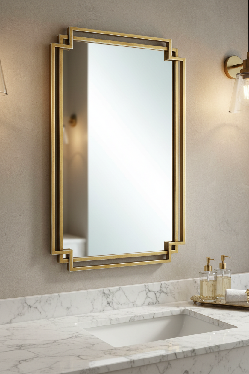 A rectangular wall mirror with a geometric gold frame, mounted on a textured beige wall above a white marble sink countertop with gold bathroom accessories.