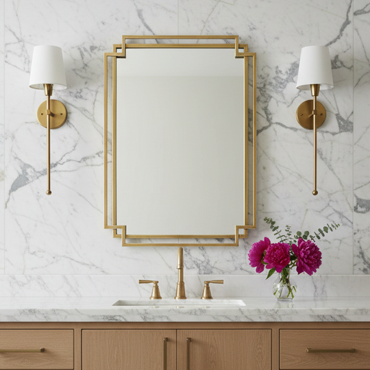 A rectangular wall mirror with a gold geometric frame hangs above a white marble sink and faucet in a bathroom. The wall behind is also white marble with gray veining, flanked by two gold sconces, and a vase of pink flowers sits on the counter below.